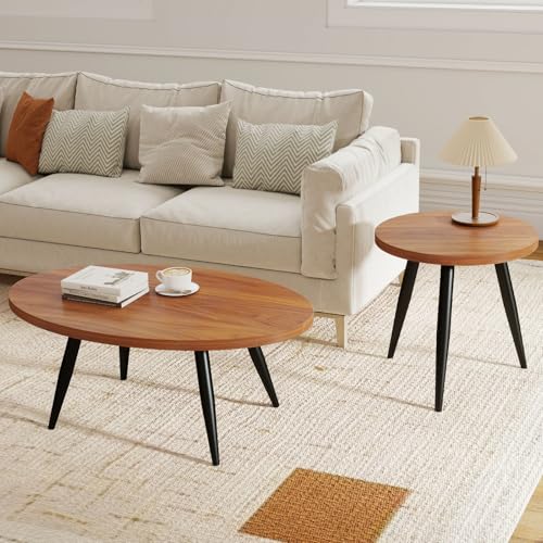 2-Piece Nesting Coffee Table Set, Oval & Round Mid-Century Modern Side Tables with MDF Tabletop & Metal Tapered Legs, Accent Table Set for Living Room, Small Spaces, Walnut