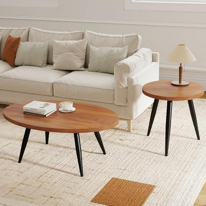 2-Piece Nesting Coffee Table Set, Oval & Round Mid-Century Modern Side Tables with MDF Tabletop & Metal Tapered Legs, Accent Table Set for Living Room, Small Spaces, Walnut