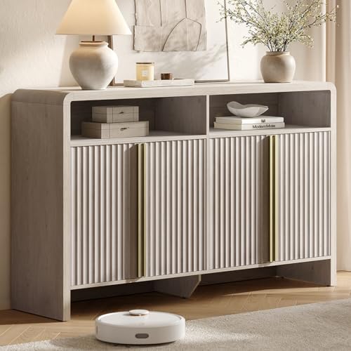 59" Sideboard Buffet Cabinet, Fluted 4-Door Credenza, Grey, view 2