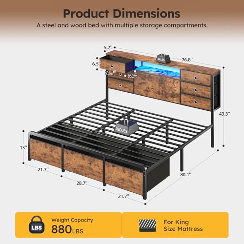 King Size Bed Frame with 9 Drawers and Charging Station, Brown, view 3