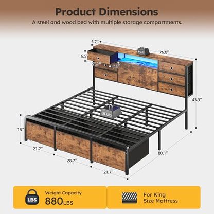 King Size Bed Frame with 9 Drawers and Charging Station, Brown, view 3