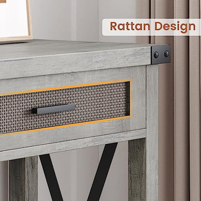Farmhouse Entryway Table, Grey Console Table with Rattan Drawers, 43" Sofa Table with Storage, Console Tables for Entryway, Living Room, Hallway, Foyer-Grey
