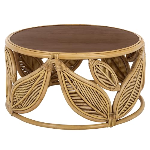 SAFAVIEH Furniture - Lusine Round Coffee Table - Honey Brown Wash & Solid Wood with Leaf Design - Boho Living Room Accent Table, 31.1" W x 31.1" D x 16" H (COF6520B)