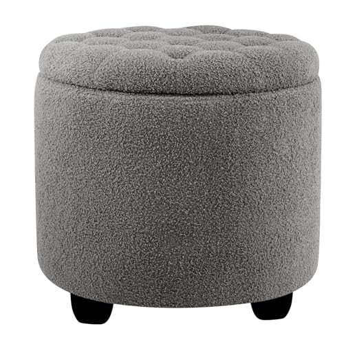 Modern Round Storage Ottoman, Upholstered Button Tufted Ottoman Footstool Ottomans with Removable Lid Storage Footstool for Living Room, Bedroom, Makeup Room, Teddy, Grey