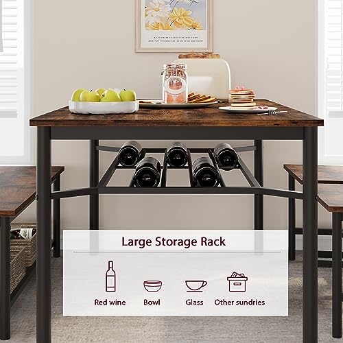GAOMON Dining Table Set for 4, Kitchen Table and Chairs for 4 with Wine Rack, Dining Room Table Set with Bench, Rectangular Kitchen Table Set for Small Space, Apartment, Studio, Retro Brown