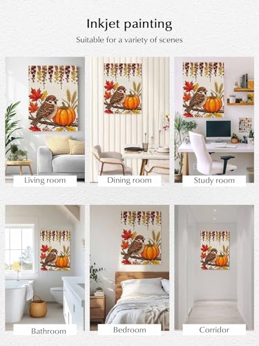 NuYeBiofx Thanksgiving Bird Pumpkins Canvas Wall Art Prints,30"x20" Framed Picture Artwork Fall Maple Leaves Printed Canvas Oil Painting for Living Room Bedroom Office,Ready to Hang