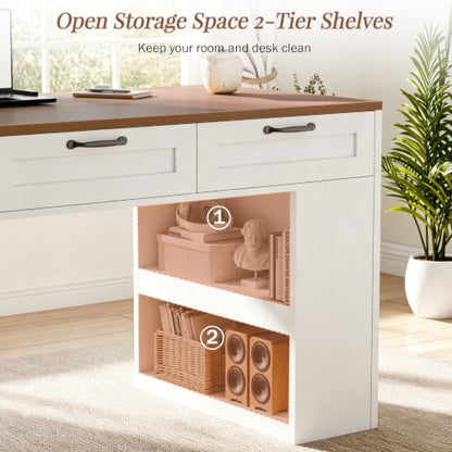55" Farmhouse Desk with Charging Station & Drawers, Walnut White, view 6
