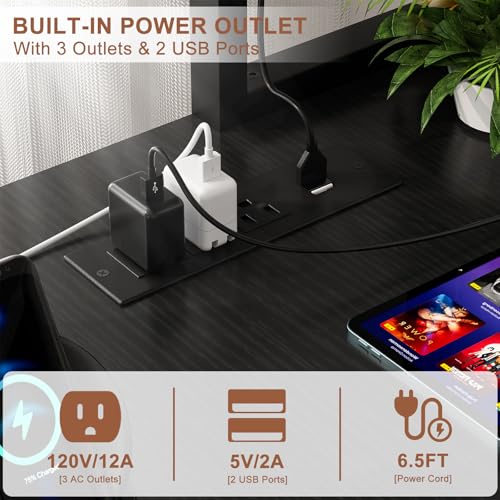 L Shaped Gaming Desk with Power Outlets & LED Lights, Black, view 4