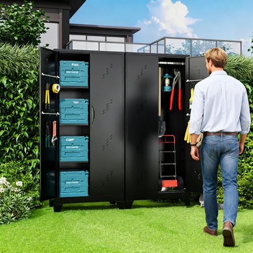 Metal Storage Cabinet 71" H, Garege Storage with Stainless Steel Bottom, Black Cleaning Supplies Organization Cabinet with Lockable Doors and Hanging Rod for Outdoor, Home Office