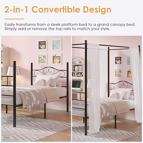Twin Canopy Bed Frame, Heart-Shaped Headboard, Black, view 5
