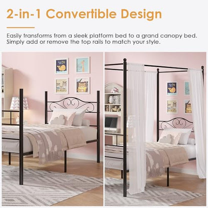 Twin Canopy Bed Frame, Heart-Shaped Headboard, Black, view 5