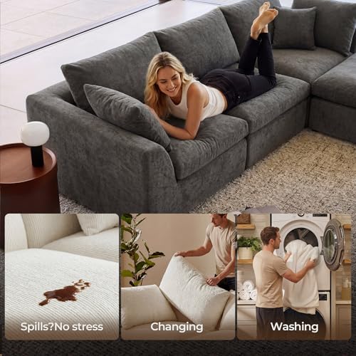 108" Cloud Sectional Couch with 2 Washable Cover Sets | Convertible L Shaped Modular Sofa with Ottoman, 3 Seater Deep Seat Couch for Living Room, White with Extra Gray Covers