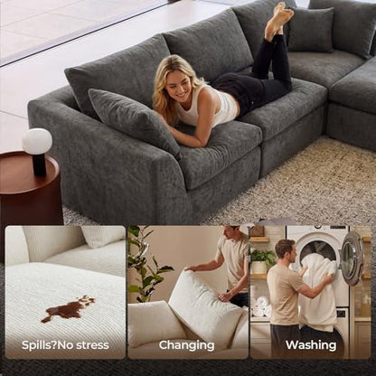 108" Cloud Sectional Couch with 2 Washable Cover Sets | Convertible L Shaped Modular Sofa with Ottoman, 3 Seater Deep Seat Couch for Living Room, White with Extra Gray Covers