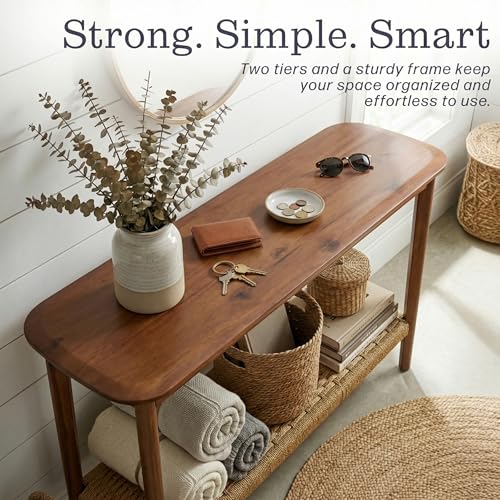 Calais Solid Wood Console Table with Woven Storage Shelf, Chestnut, 48 Inch | 2-Tier Narrow Sofa Table, Mid Century Modern Entryway Table for Living Room, Behind the Couch, Hallway, or Foyer by Alaterre