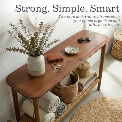 Calais Solid Wood Console Table with Woven Storage Shelf, Chestnut, 48 Inch | 2-Tier Narrow Sofa Table, Mid Century Modern Entryway Table for Living Room, Behind the Couch, Hallway, or Foyer by Alaterre