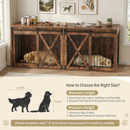 94 Inch Double Dog Crate Furniture for 2 Large Dogs, Rustic Brown, view 4