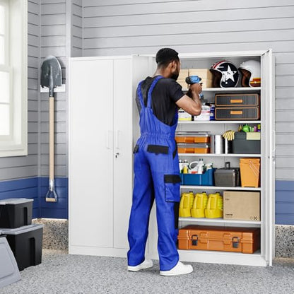 Metal Garage Storage Cabinet with 2 Doors and 5 Adjustable Shelves - 71" Steel Lockable File Cabinet,Locking Tool Cabinets for Office,Home,Garage,Gym,School (White)