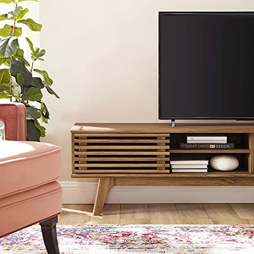 Render 70" Mid-Century Modern Low Profile Media Console Entertainment TV Stand in Walnut Walnut