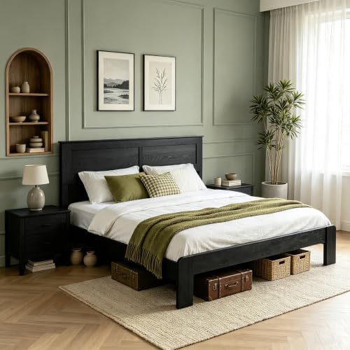 Queen Farmhouse Wood Bed Frame with Headboard and Footboard Black, view 4