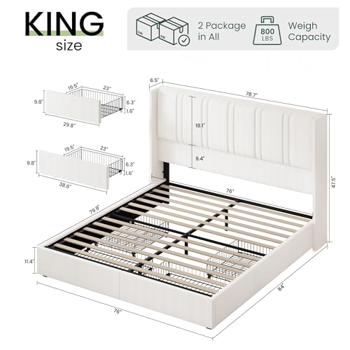 King Size Bed Frame with 4 Storage Drawers and Wingback Headboard Linen, view 3