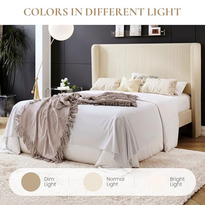 Queen Corduroy Platform Bed with Tufted Wingback Headboard/Cream, view 5
