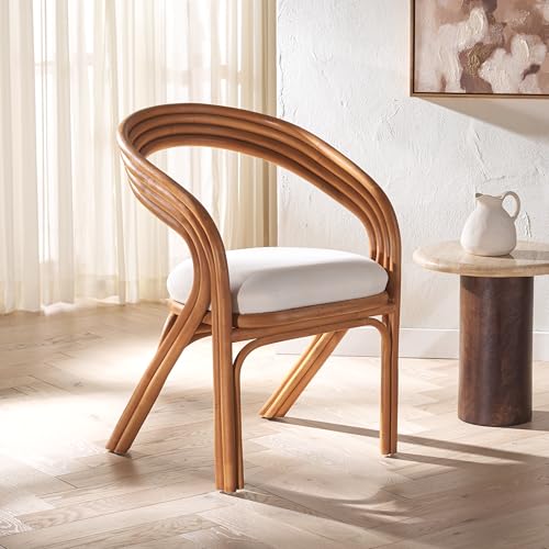 SAFAVIEH Couture Collection Jennabrook Tropical Coastal Natural Rattan/White Linen Cushion Dining Chair (Fully Assembled)