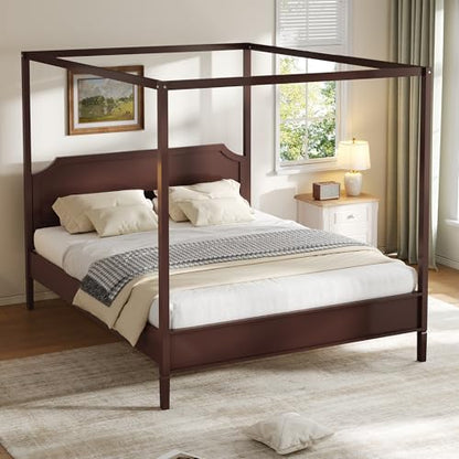 Queen Size Canopy Bed with Headboard and Support Legs, Walnut, view 5