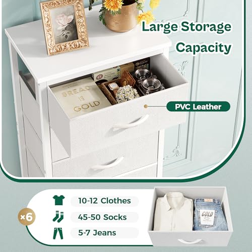 Tall Dresser for Bedroom, Stable 6 Drawer Dresser with Anti-Tip Device, PU Leather & Fabric Drawers, Tall Nightstand for Closet, Nursery, Storage Tower for College Dorm High Beds, White
