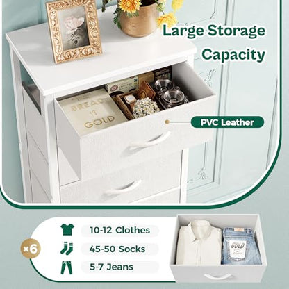 Tall Dresser for Bedroom, Stable 6 Drawer Dresser with Anti-Tip Device, PU Leather & Fabric Drawers, Tall Nightstand for Closet, Nursery, Storage Tower for College Dorm High Beds, White