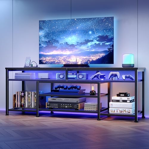 Black TV stand with outlets and lights for bedrooms, view 4
