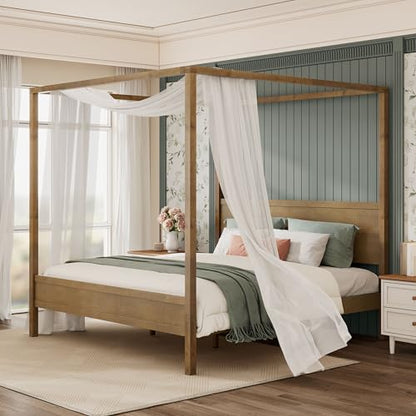 King Canopy Bed Frame with Headboard & 4 Posters, Antique Natural, view 4