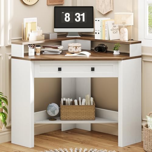 Corner Desk, Triangle Computer Desk Home Office Workstation with Drawer and Monitor Stand for Small Spaces Farmhouse Corner Vanity Table for Bedroom Study, Living Room (Rustic White and Brown)