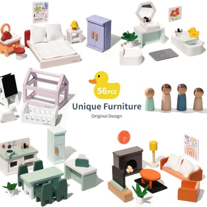 Large Dolhouse Furniture Set, Kids Dollhouse Accessories with Bedroom, Kitchen, Bathroom, Living Room & Kids Room, Montessori Pretend Play Doll House Toys for Kids Girls Boys Age 3+