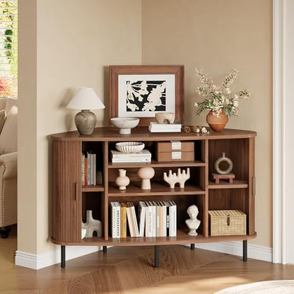 47" Corner TV Stand, Corner Cabinet with Sliding Door, Walnut, view 5