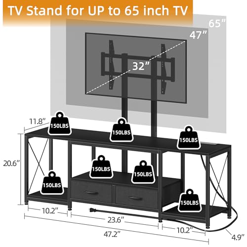 LED TV Stand with Mount and Power Outlet & Fabric Drawers for 32-85 Inches TV - Entertainment Center and Industrial TV Console Table for Living Room, Bedroom- 47" Black