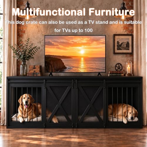 94.5in Double Dog Crate Furniture, Farmhouse Dog Kennel TV Stand, Black, view 7