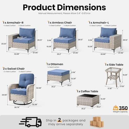 8-Piece Patio Furniture Set with L-Shape Sofa Chaise, Outdoor Sectional Couch Swivel Gliders, Modern Modular Wicker Rattan Conversation Set, Denim Blue