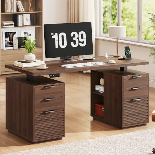 63" Electric Standing Desk with 6 Drawers,Storage Shelves,Walnut, view 2