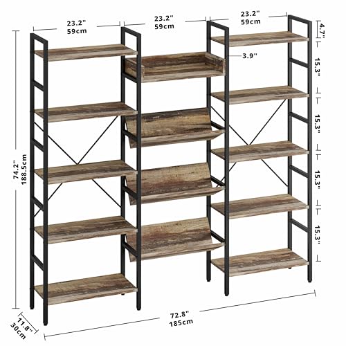 Bookshelf, Bookshelves and Bookcases, Triple Wide 5 Tiers Book Shelf with Baffles, Industrial Bookshelf with Metal Frame for Living Room, Home Office