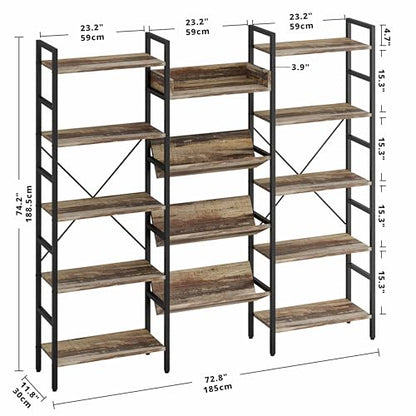 Bookshelf, Bookshelves and Bookcases, Triple Wide 5 Tiers Book Shelf with Baffles, Industrial Bookshelf with Metal Frame for Living Room, Home Office