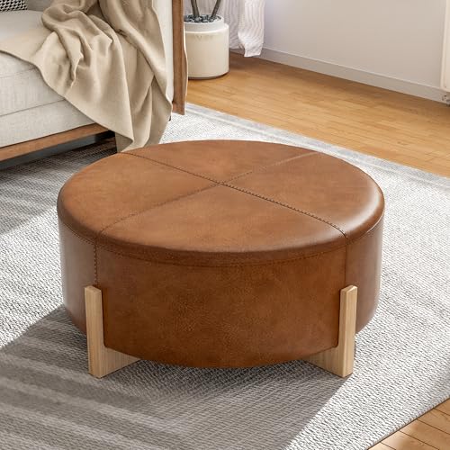 Holmes Modern Faux Leather Upholstered Ottoman Coffee Table, Wooden Round Cocktail Ottoman, Large Living Room Sofa Footstool/Footrest, Brown+Natural