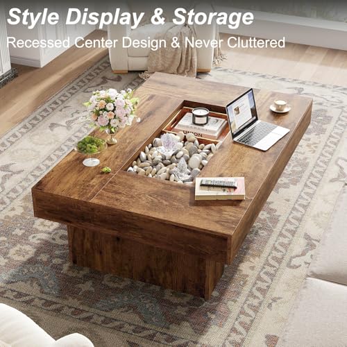 Rustic Coffee Table, Large Wood Living Room Table with Storage, Modern Long Rectangle Led Center Table, Farmhouse Unique Low Wide Tea Table with LED Light for Home Office, 47.24 in, Rustic Brown