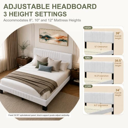 Queen Upholstered Platform Bed Frame with Adjustable Padded Headboard, view 4