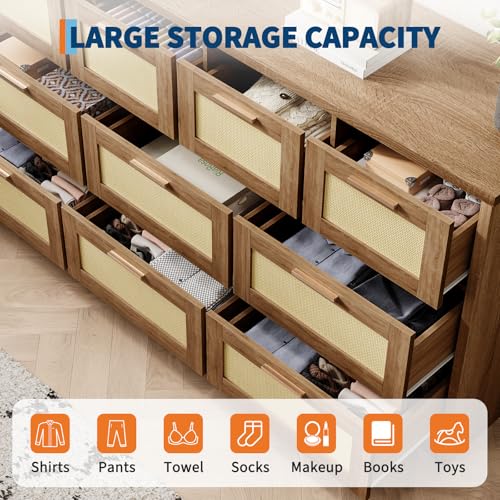 10 Drawer Dresser for Bedroom, 59 in Farmhouse Rattan Dressers & Chests of Drawers, Wooden Storage Organizer with Anti-Tipping Device for Living Room, Hallway, Entryway, Natural