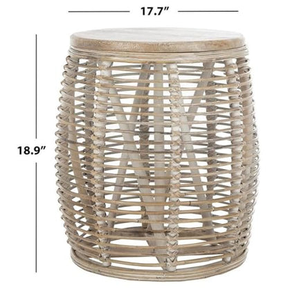 Furniture - Maui Rattan Drum Stool Table - Grey White-Wash - Rattan - Coastal Woven Design - Fully Assembled - Ideal for Living Room, Bedroom, Patio - Fully Assembled (STL6500A)