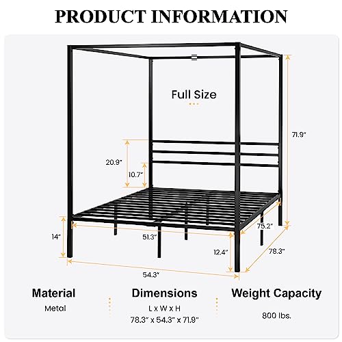 Full Size Canopy Bed Frame with Heavy Duty Metal Slats, Black, view 3