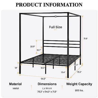Full Size Canopy Bed Frame with Heavy Duty Metal Slats, Black, view 3