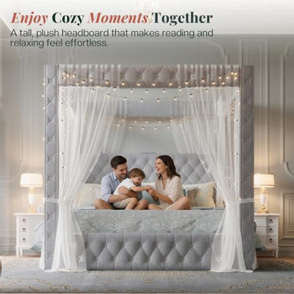 Queen Canopy Bed Frame Velvet Upholstered Headboard, Grey, view 4