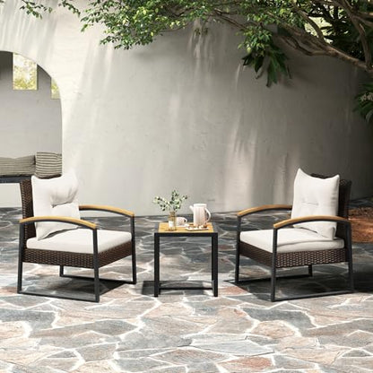 3 Piece Patio Conversation Set, Includes 2 Rattan Chairs and Coffee Table, Solid Acacia Wood Armrests & Tabletop, Outdoor Cushioned Wicker Furniture Set for Backyard, Poolside, Lawn, Garden