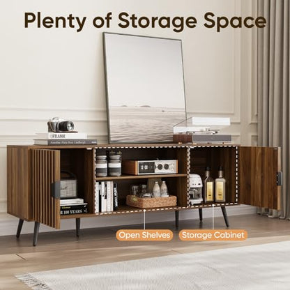 53" Fluted TV Stand with for TVs up to 60 Inch, Entertainment Center with Storage and Adjustable Shelves, Farmhouse Media Console for Living Room, Walnut
